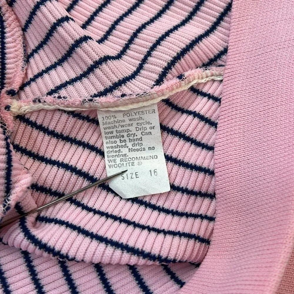 Vintage 60s 70s Striped‎ Knit Dress and Cardigan Set Pink Navy Size 16